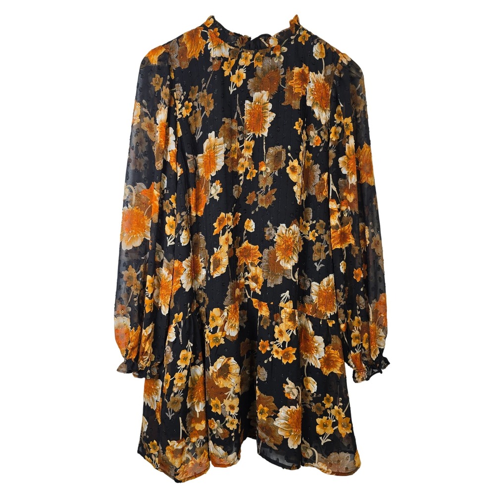 Melloday Womens Black Orange Floral Swiss Dot Long Sleeve Tiered Mini‎ Dress